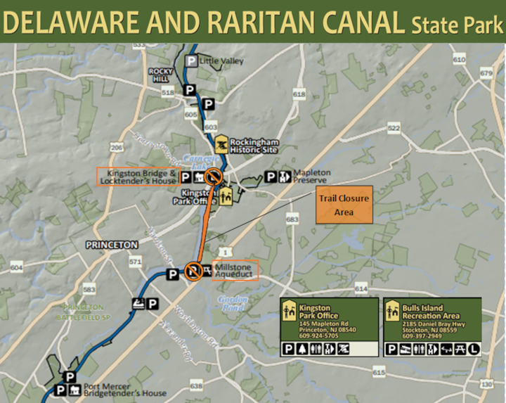 Map shows the towpath from Kingston to the Plainsboro Aqueduct in red, meaning it is to be closed.